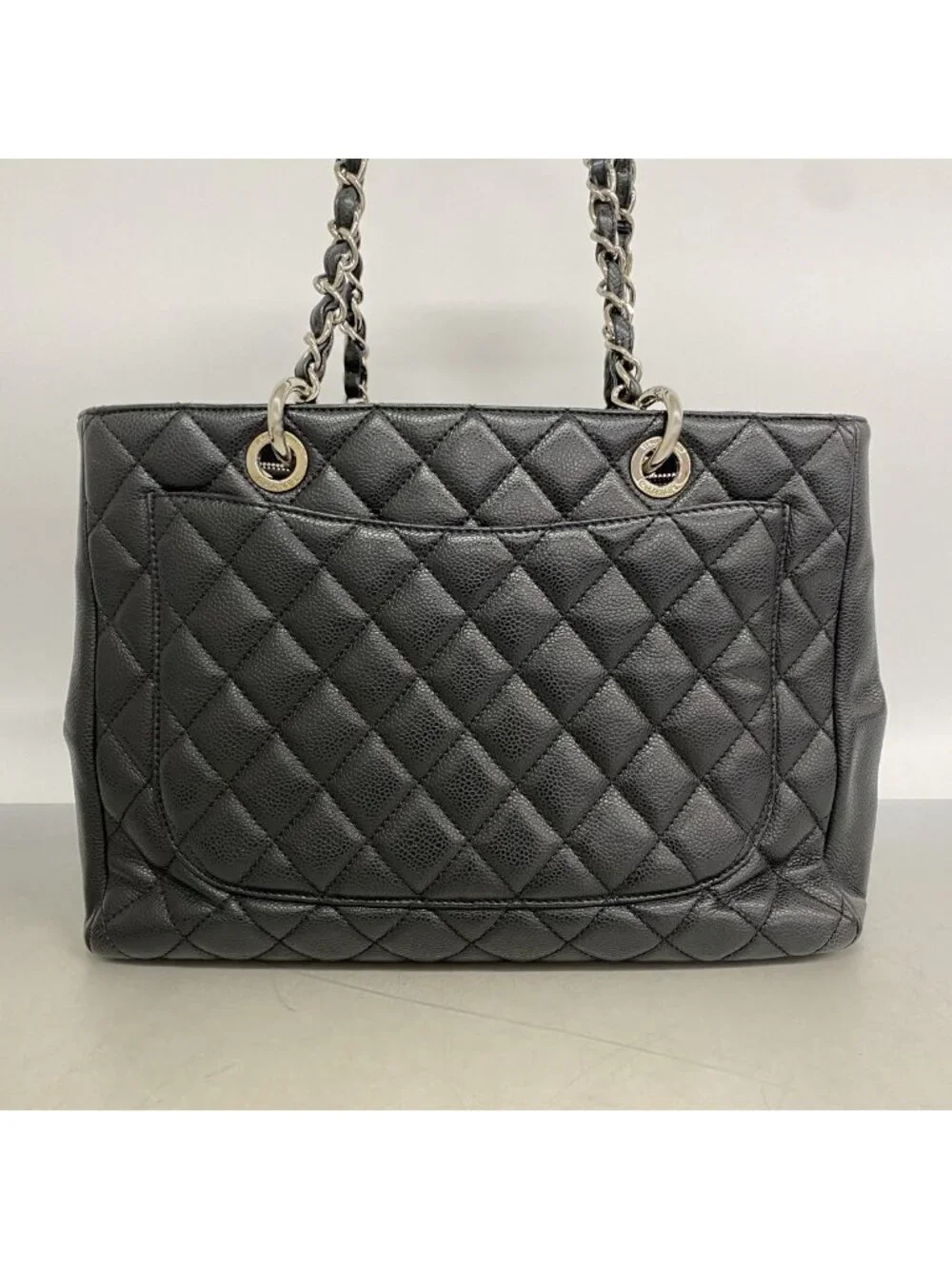 Chanel Chain Tote Bag Quilted Caviar Leather Black Silver